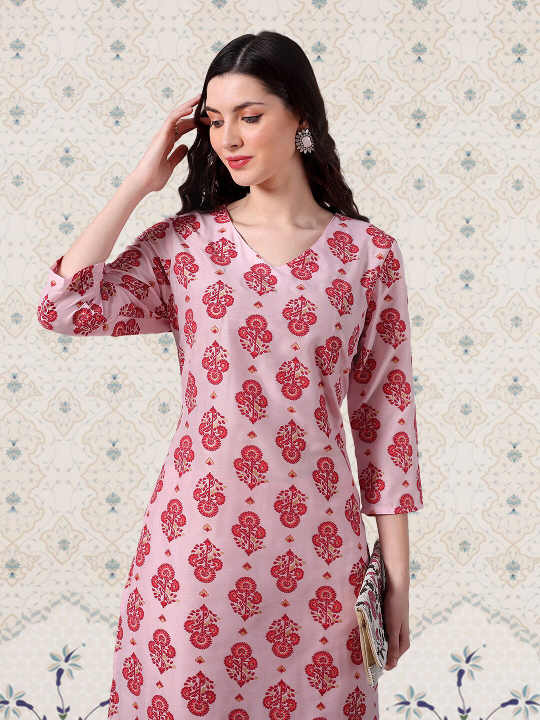 

Ode by House of Pataudi Floral Printed Block Print V Neck Kurta With Trousers, Pink
