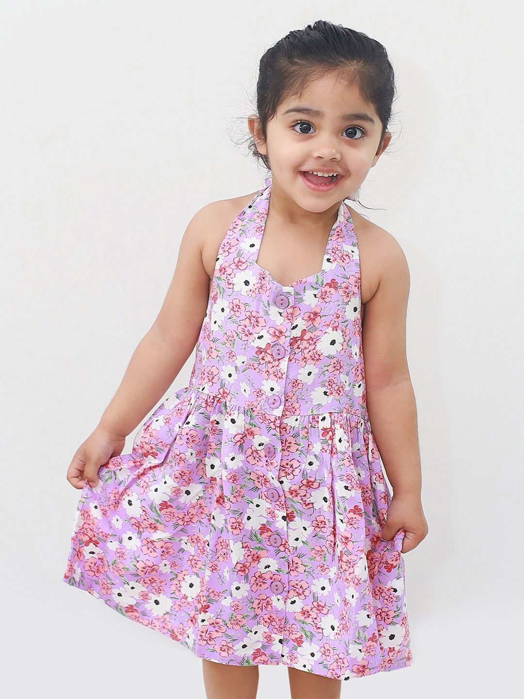 

Campana Girls Floral Print Halter Neck A-Line Dress, Purple