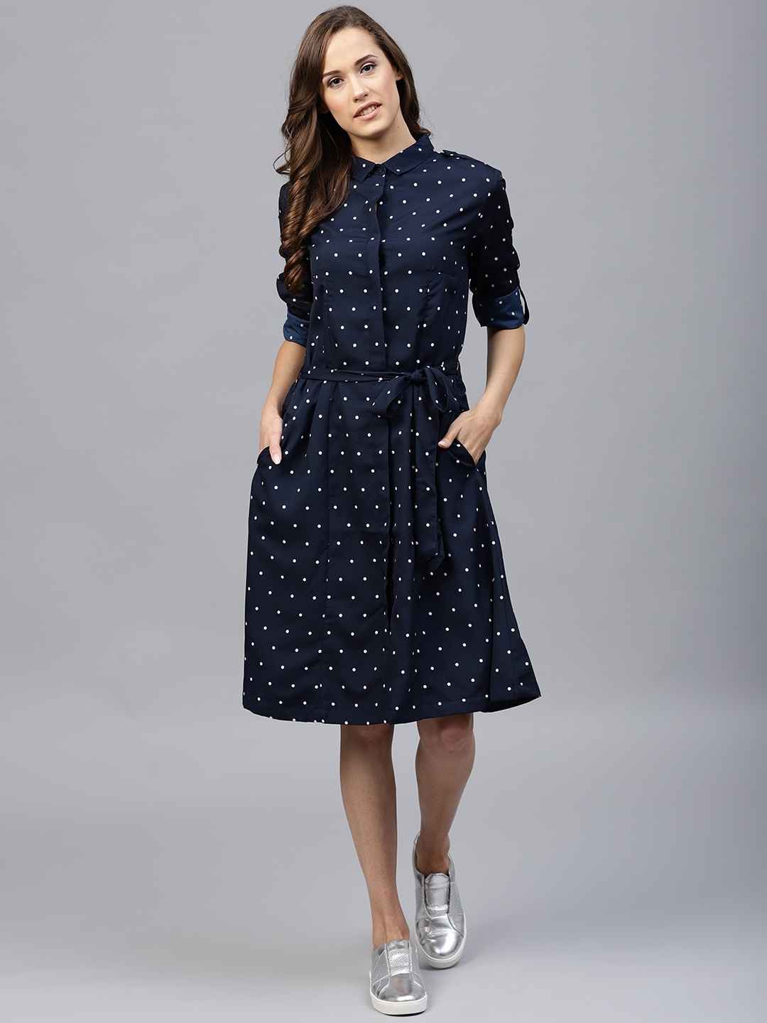 

Tokyo Talkies Navy Blue Polka Dots Printed Shirt Dress