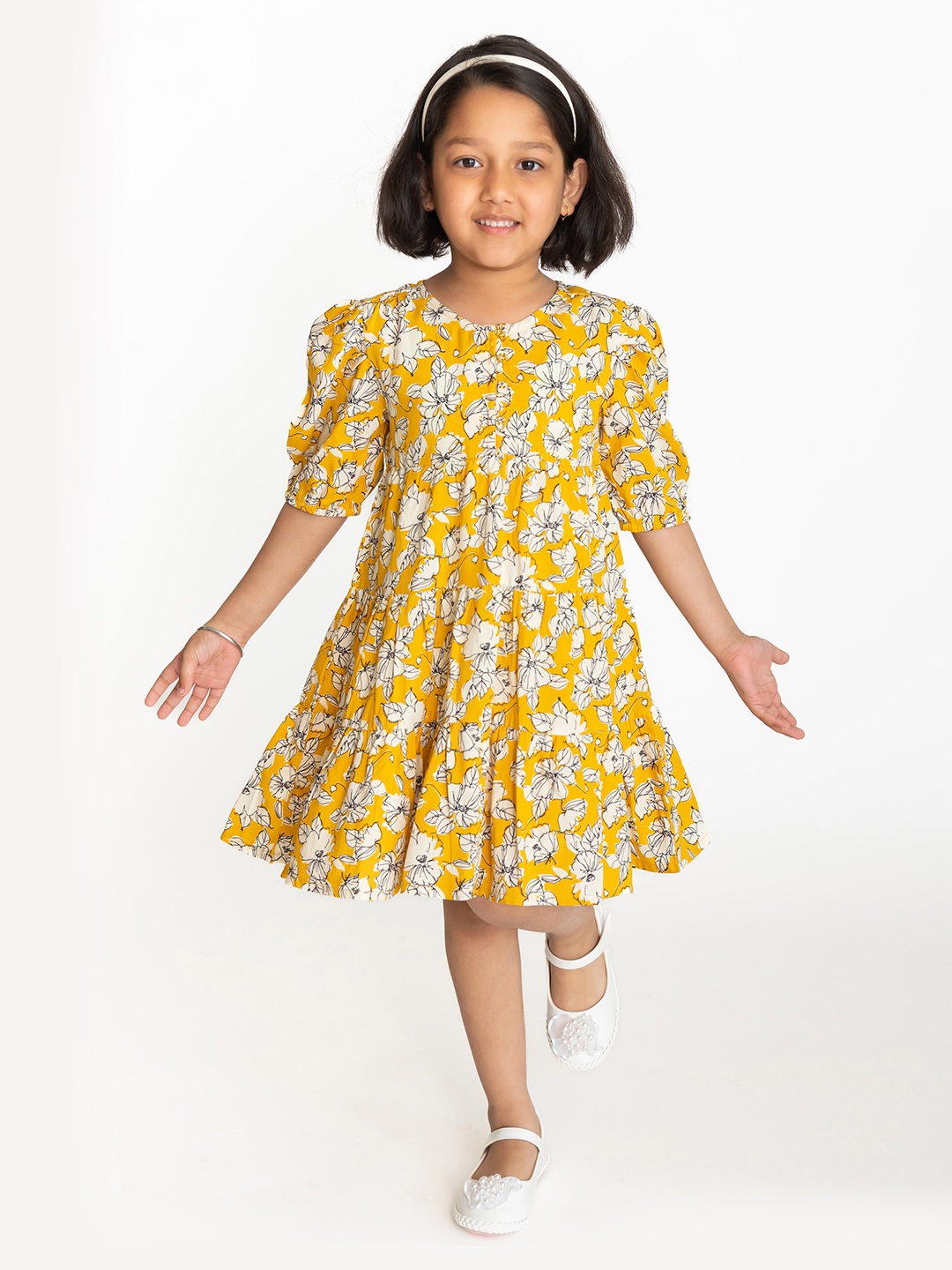 

Campana Girls Floral Print Puff Sleeve A-Line Dress, Yellow