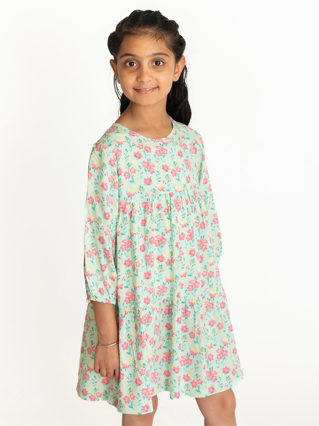 

Campana Girls Floral Printed Knee Length A-Line Dress, Sea green