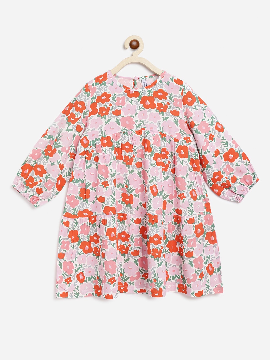 

Campana Girls Floral Printed Puff Sleeves A-Line Dress, Orange