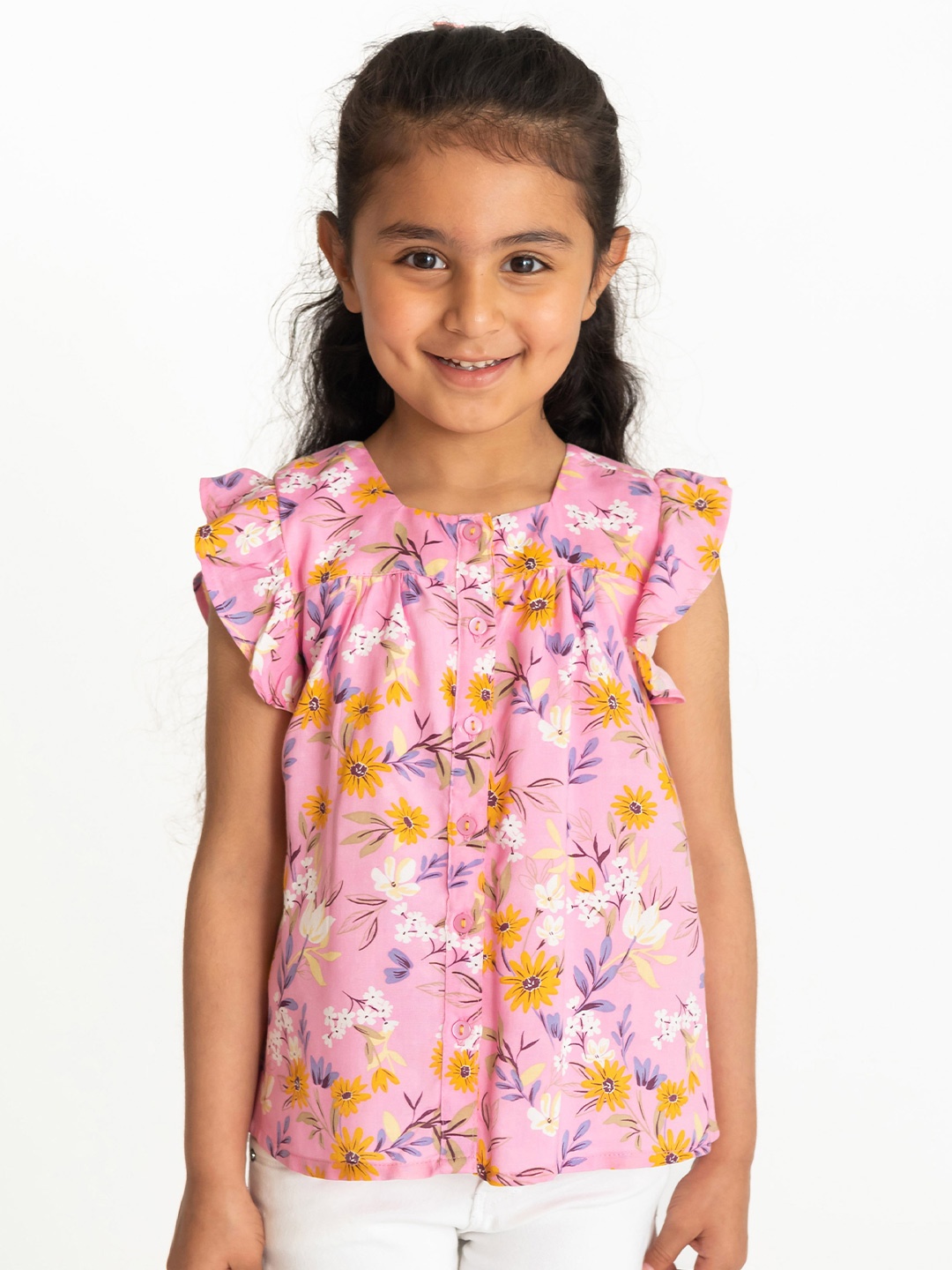 

Campana Girls Floral Printed Square Neck Flutter Sleeve Ruffles Top, Pink