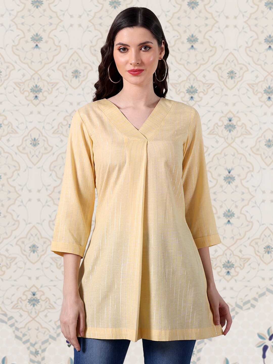 

Ode by House of Pataudi Striped V Neck A-Line Kurti, Yellow