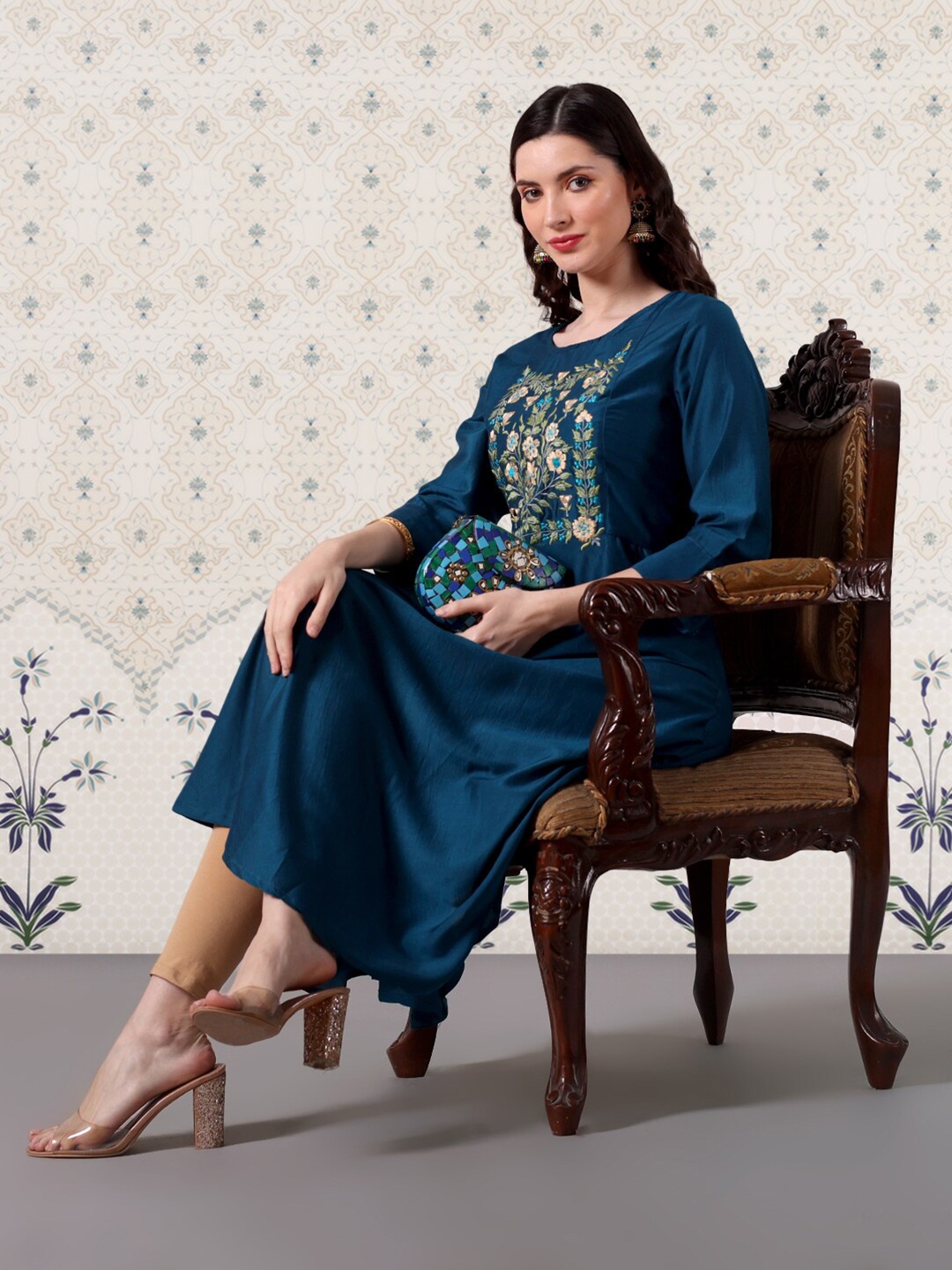 

Ode by House of Pataudi Floral Embroidered High Low Anarkali Kurta, Teal