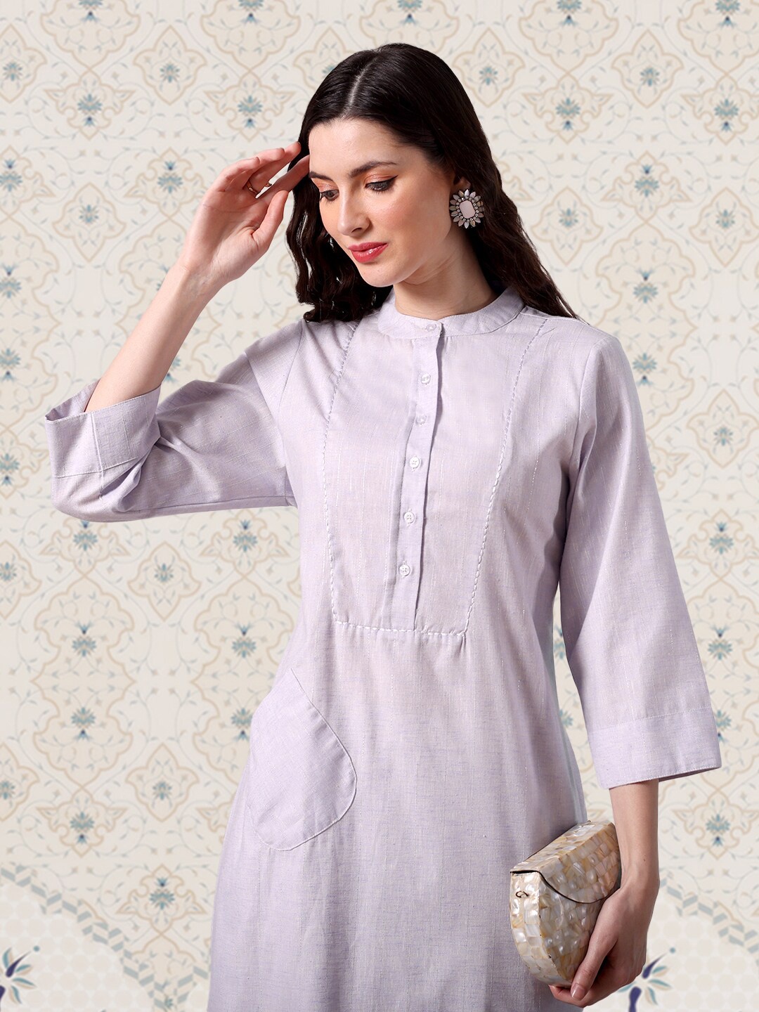 

Ode by House of Pataudi Striped Band Collar Thread Work Kurta, Purple
