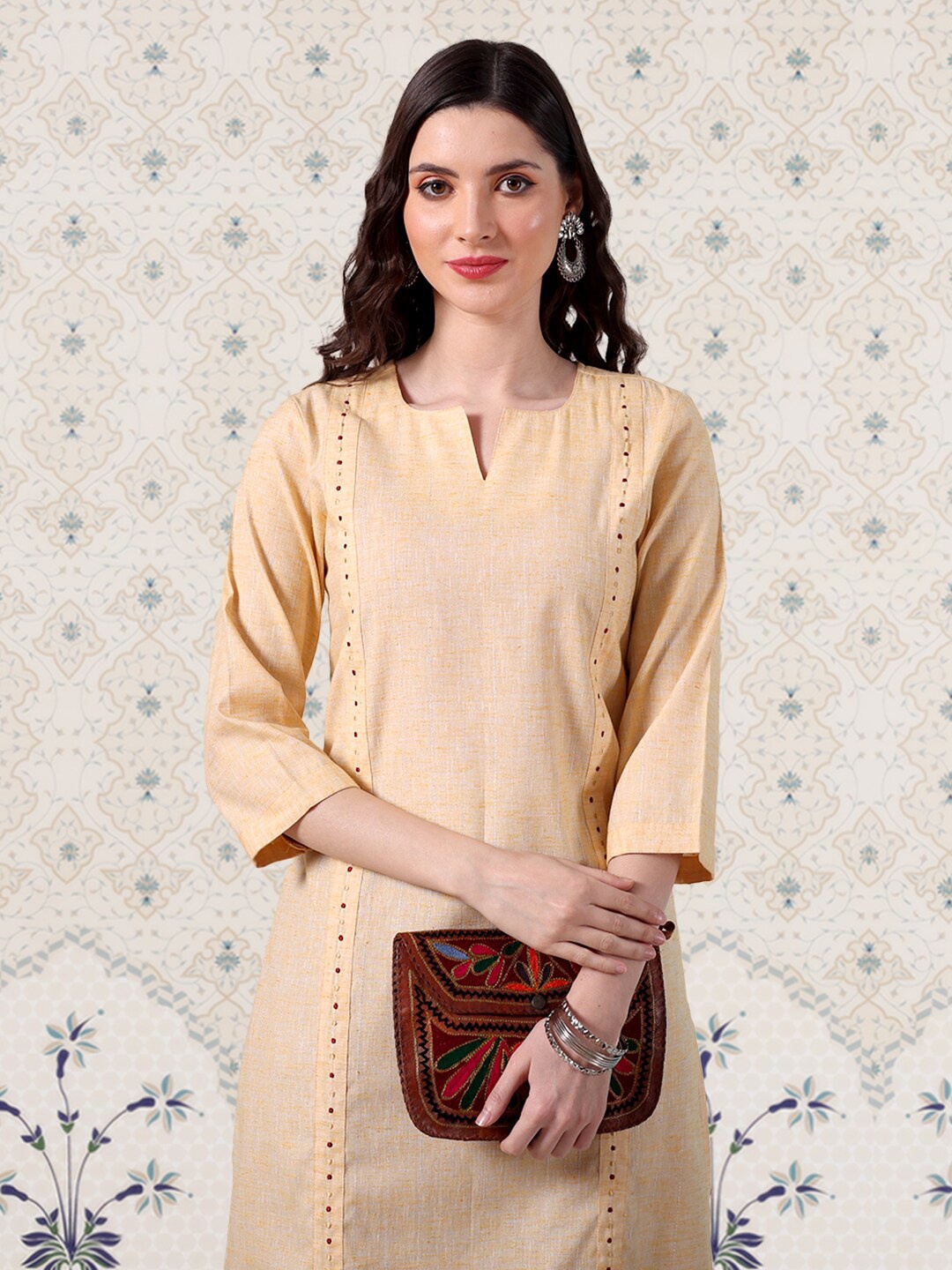 

Ode by House of Pataudi Striped Notched Neck Straight Kurta, Cream