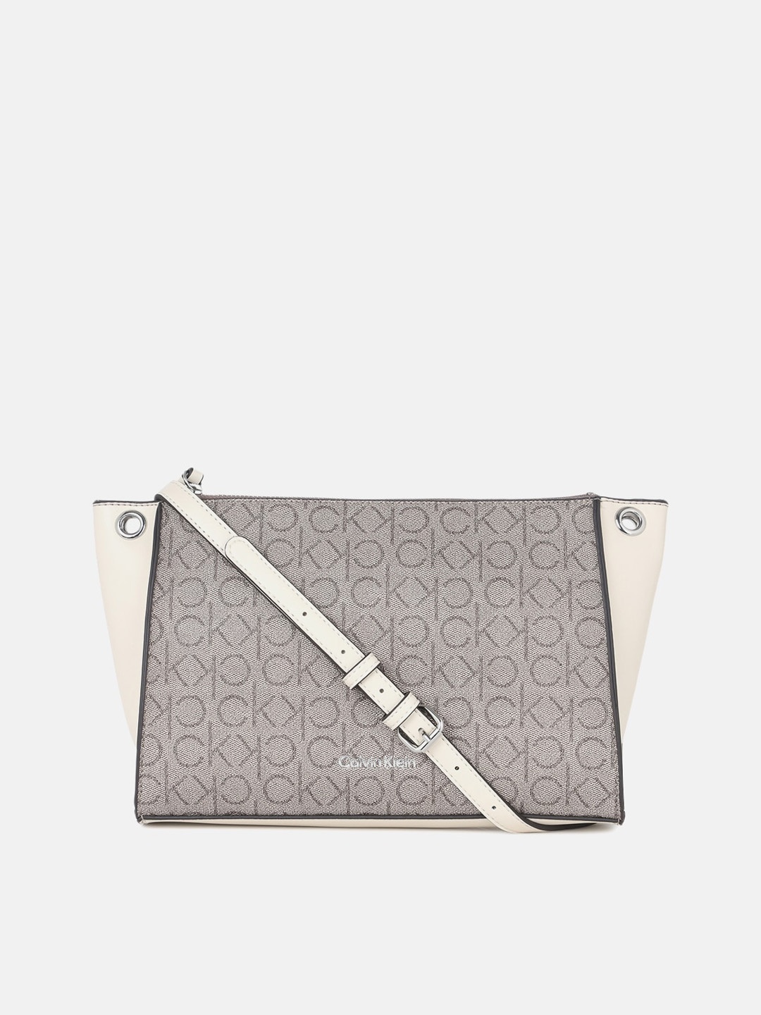 

Calvin Klein Jeans Geometric Printed PU Structured Sling Bag, Beige