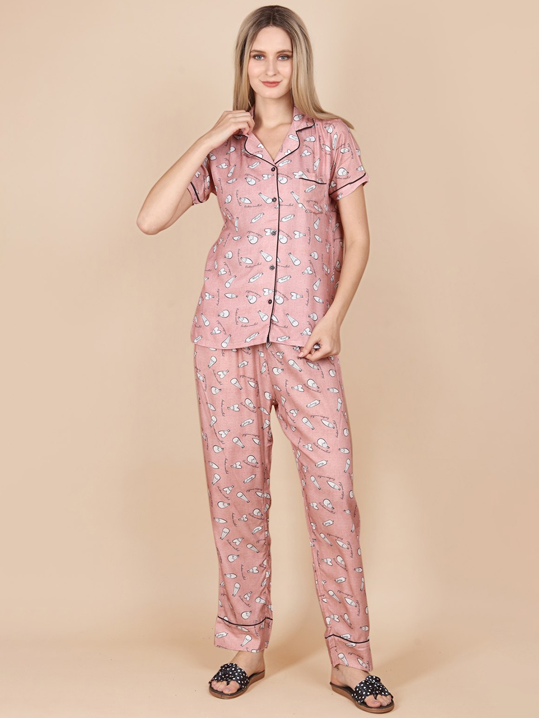 

ASPORA Conversational Printed Lapel Collar Organic Cotton Night Suit, Pink