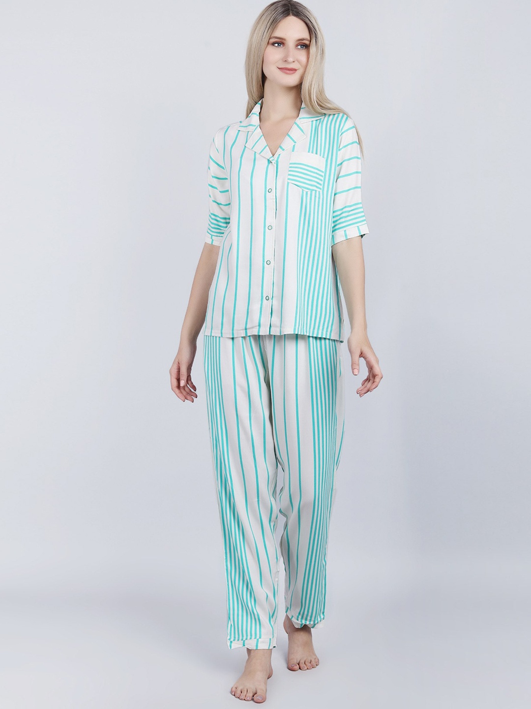 

ASPORA Striped Lapel Collar Organic Cotton Night Suit, Blue