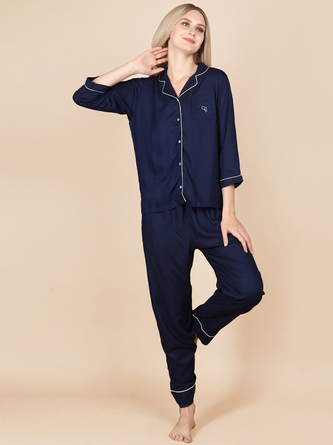 

ASPORA Lapel Collar Organic Cotton Night Suit, Blue