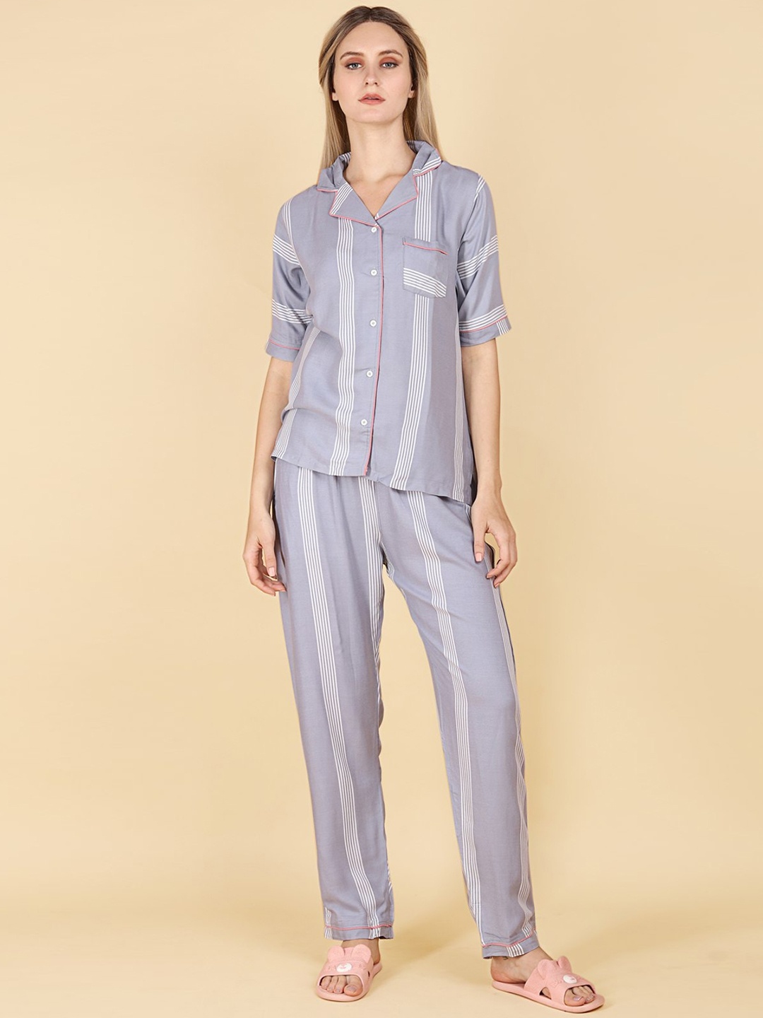 

ASPORA Striped Lapel Collar Organic Cotton Night Suit, Grey