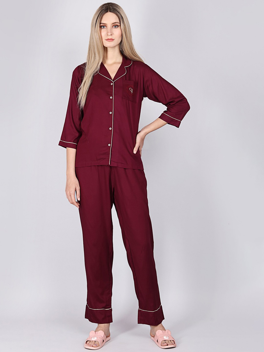 

ASPORA Lapel Collar Organic Cotton Night Suit, Maroon