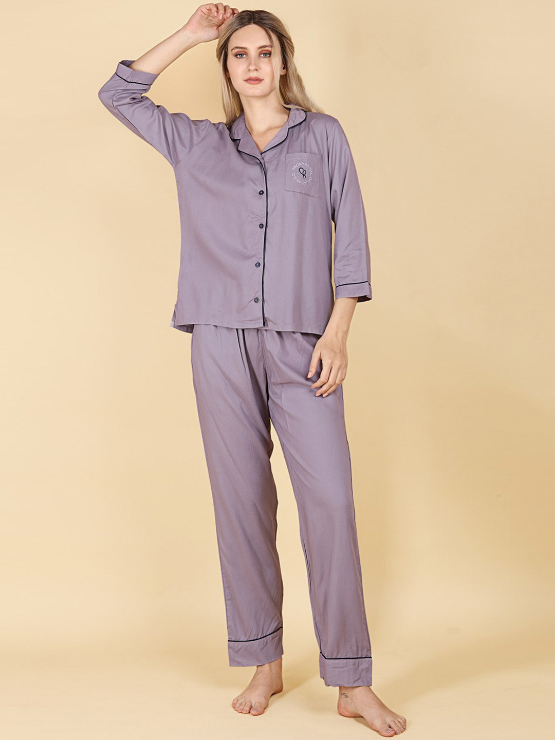 

ASPORA Lapel Collar Organic Cotton Night Suit, Purple