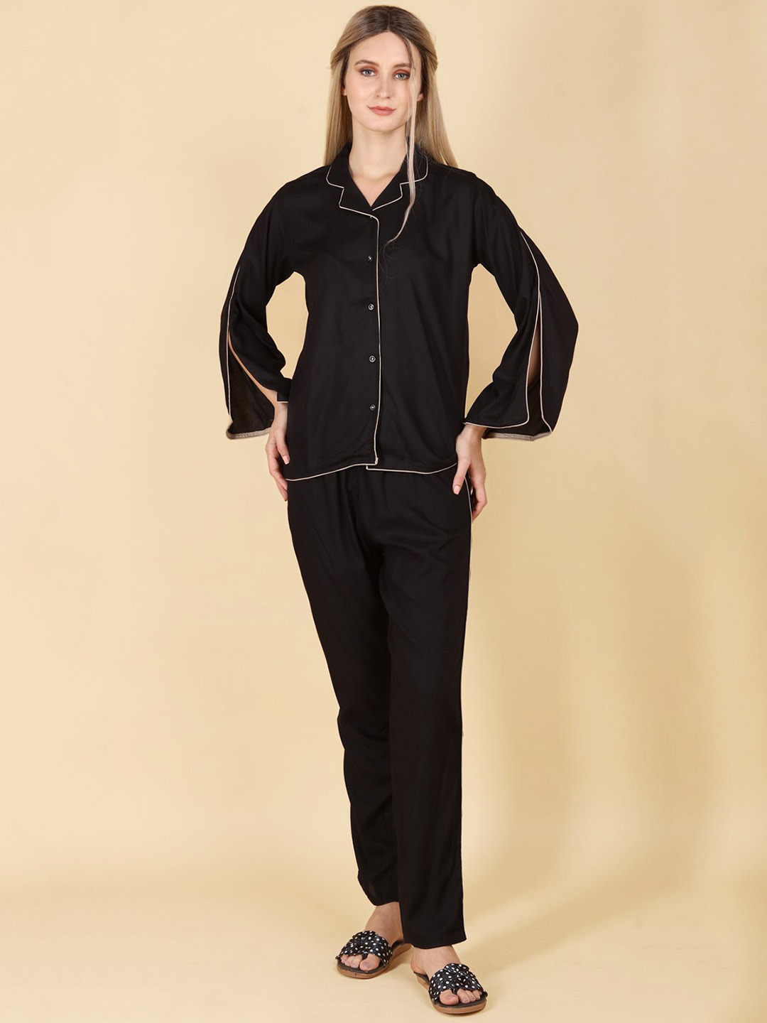 

ASPORA Lapel Collar Organic Cotton Night Suit, Black