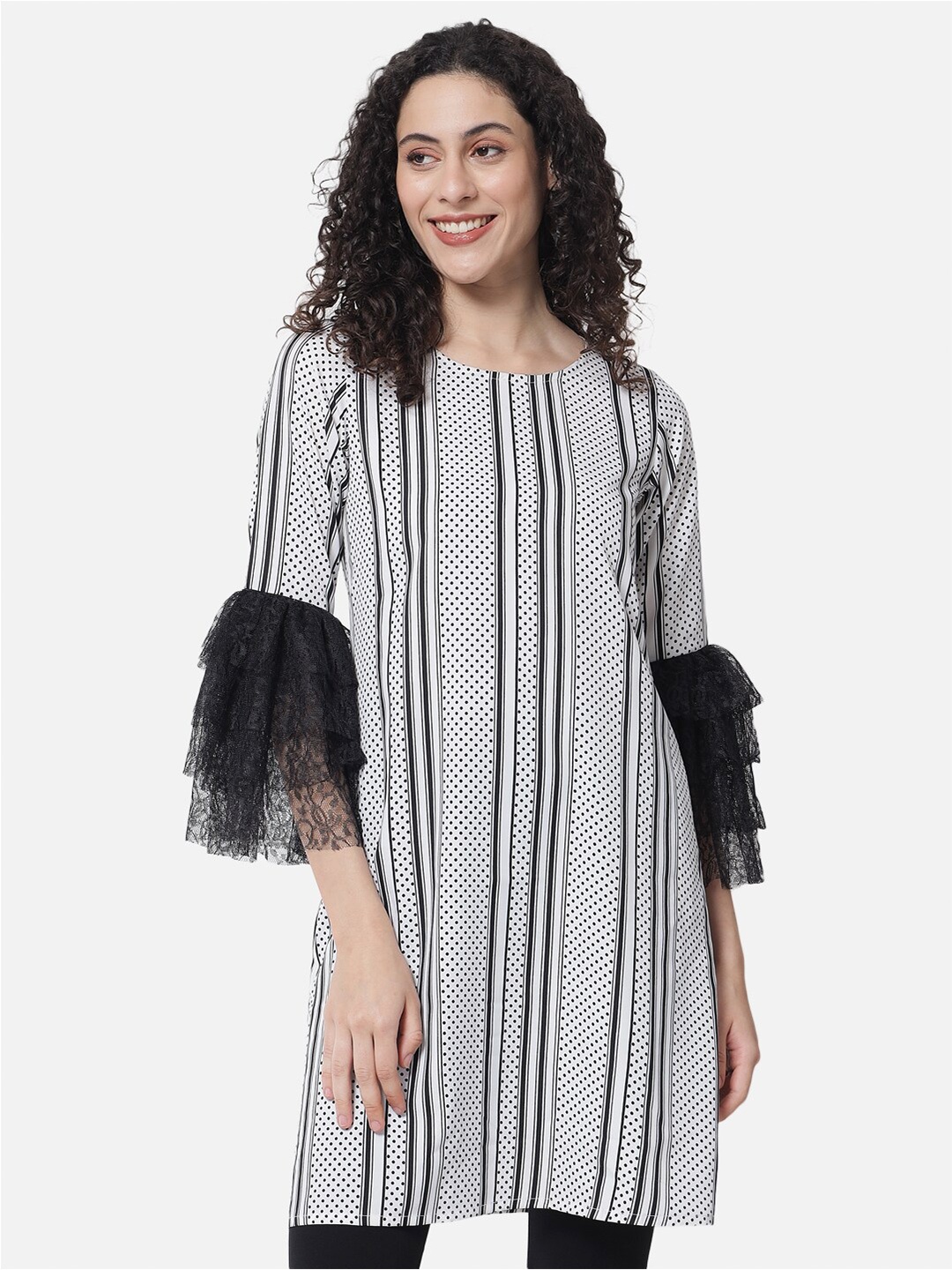 

ALL WAYS YOU Striped Bell Sleeve Ruffled Crepe A-Line Dress, Black