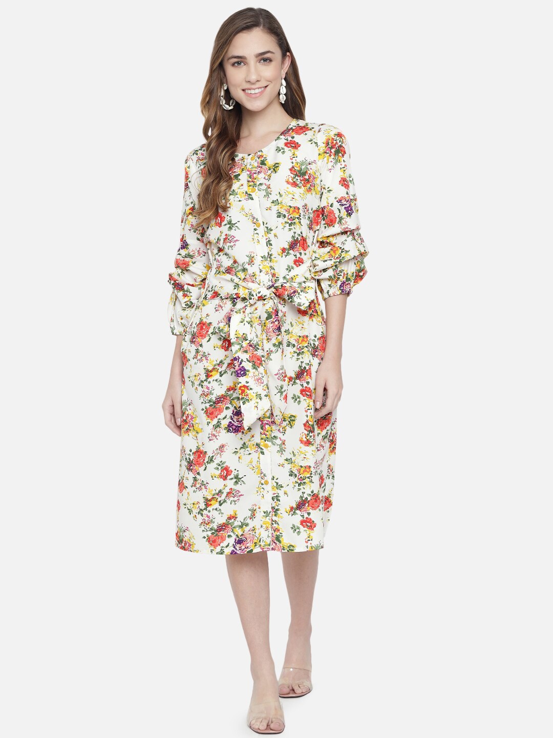 

ALL WAYS YOU Floral Printed Puff Sleeves A-Line Midi Dress, Off white