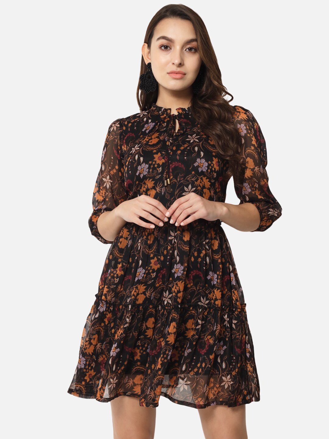 

ALL WAYS YOU Floral Print Tie-Up Neck Bell Sleeve Georgette Fit & Flare Dress, Black