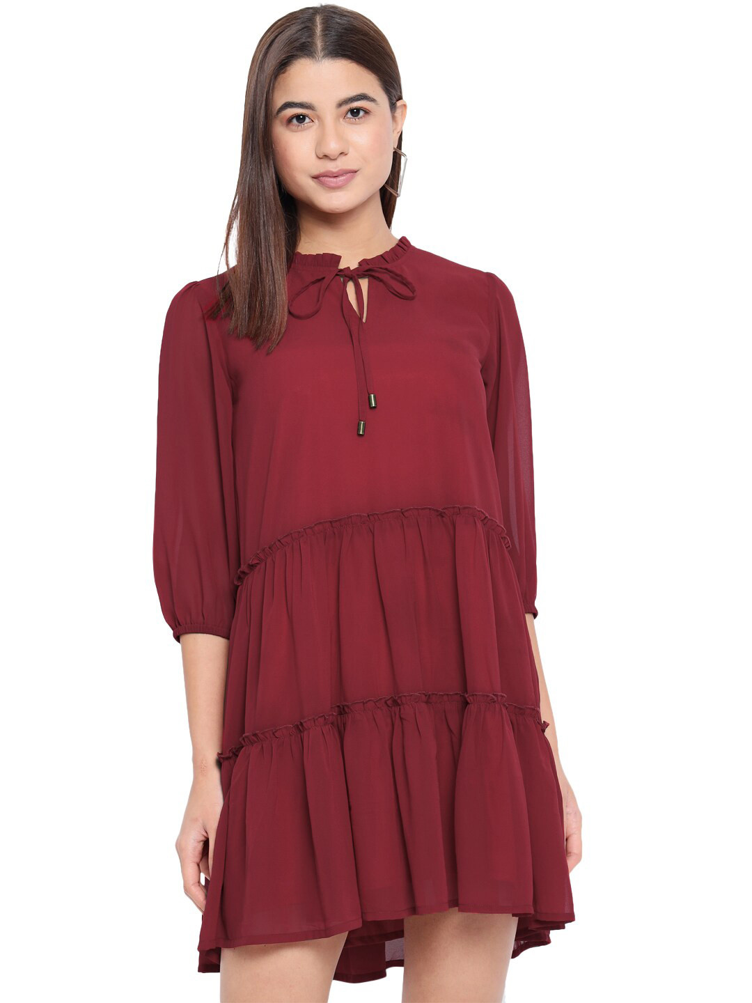 

ALL WAYS YOU Tie-Up Neck Tiered Fit & Flare Midi Dress, Maroon