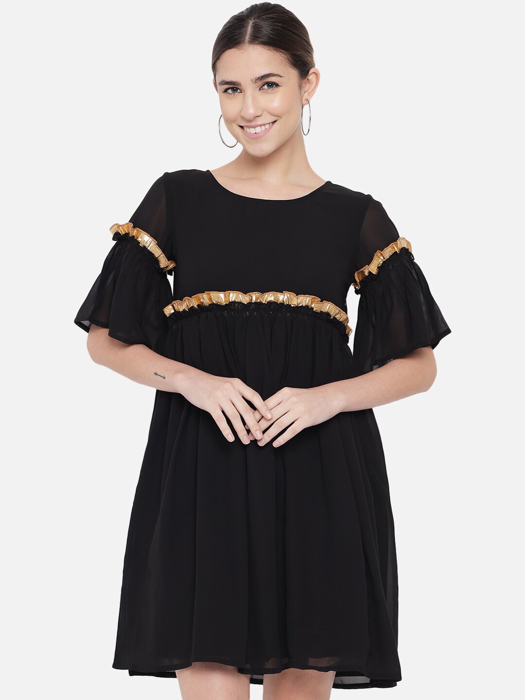 

ALL WAYS YOU Bell Sleeve Georgette Empire Dress, Black