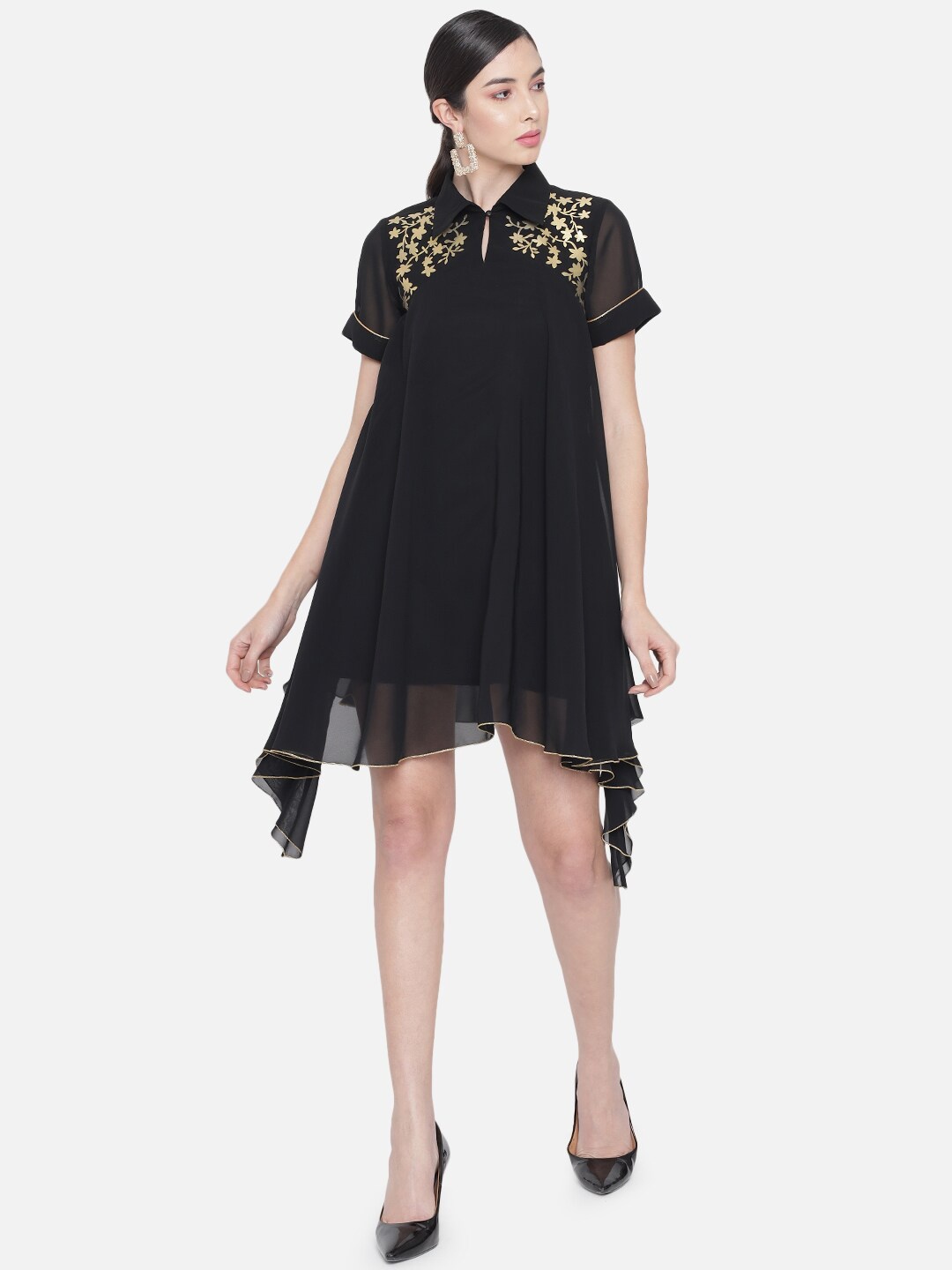 

ALL WAYS YOU Tie-Up Neck Georgette A-Line Dress, Black