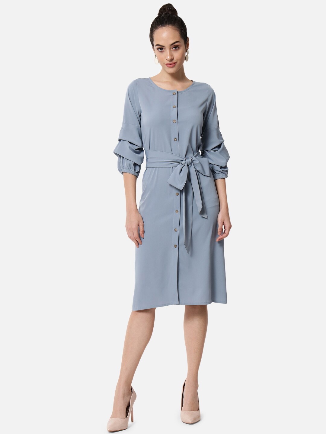 

ALL WAYS YOU Puff Sleeves Tie-Up Detail A-Line Dress, Blue