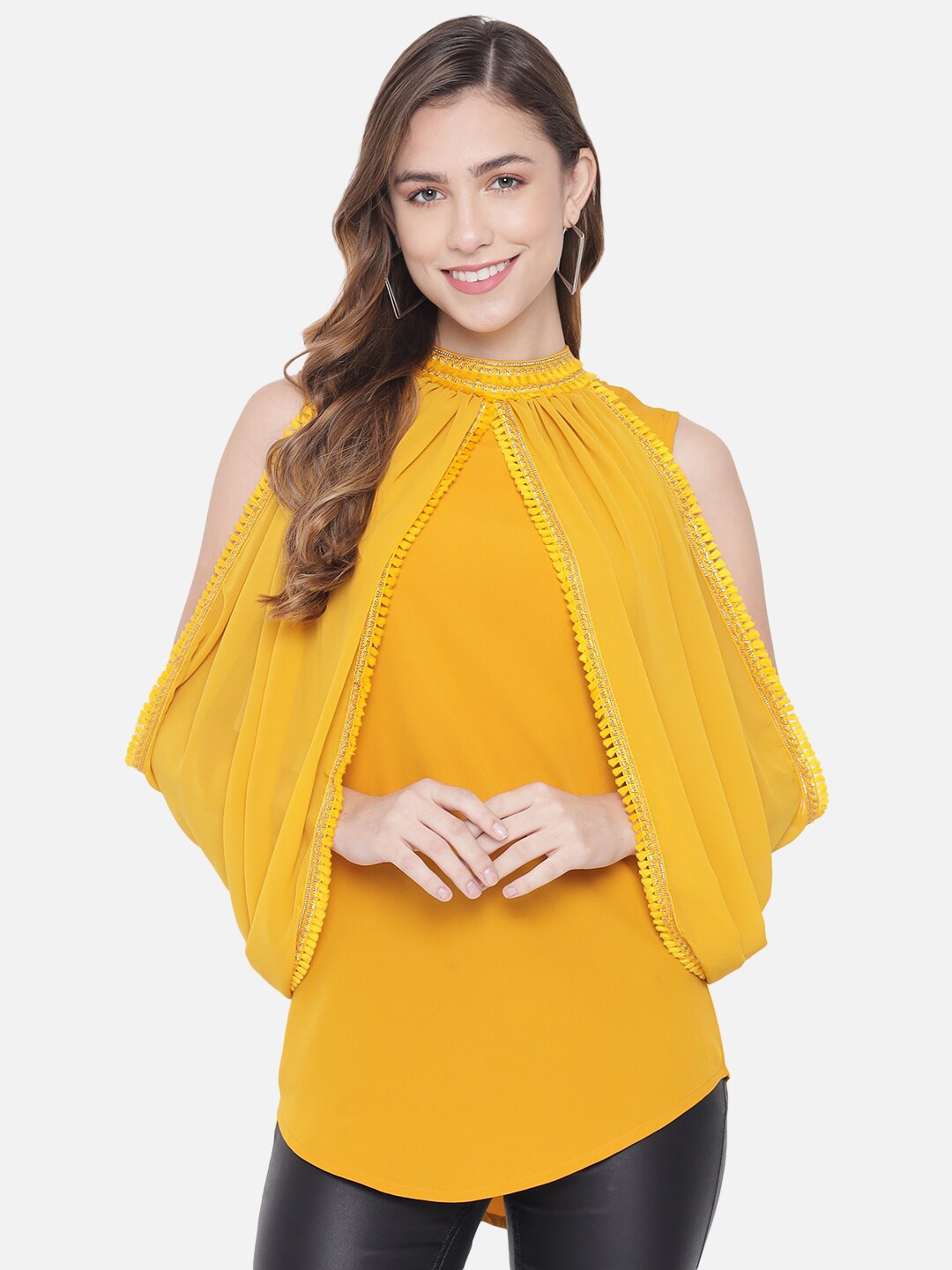 

ALL WAYS YOU Cape Sleeve Crepe Tops, Yellow