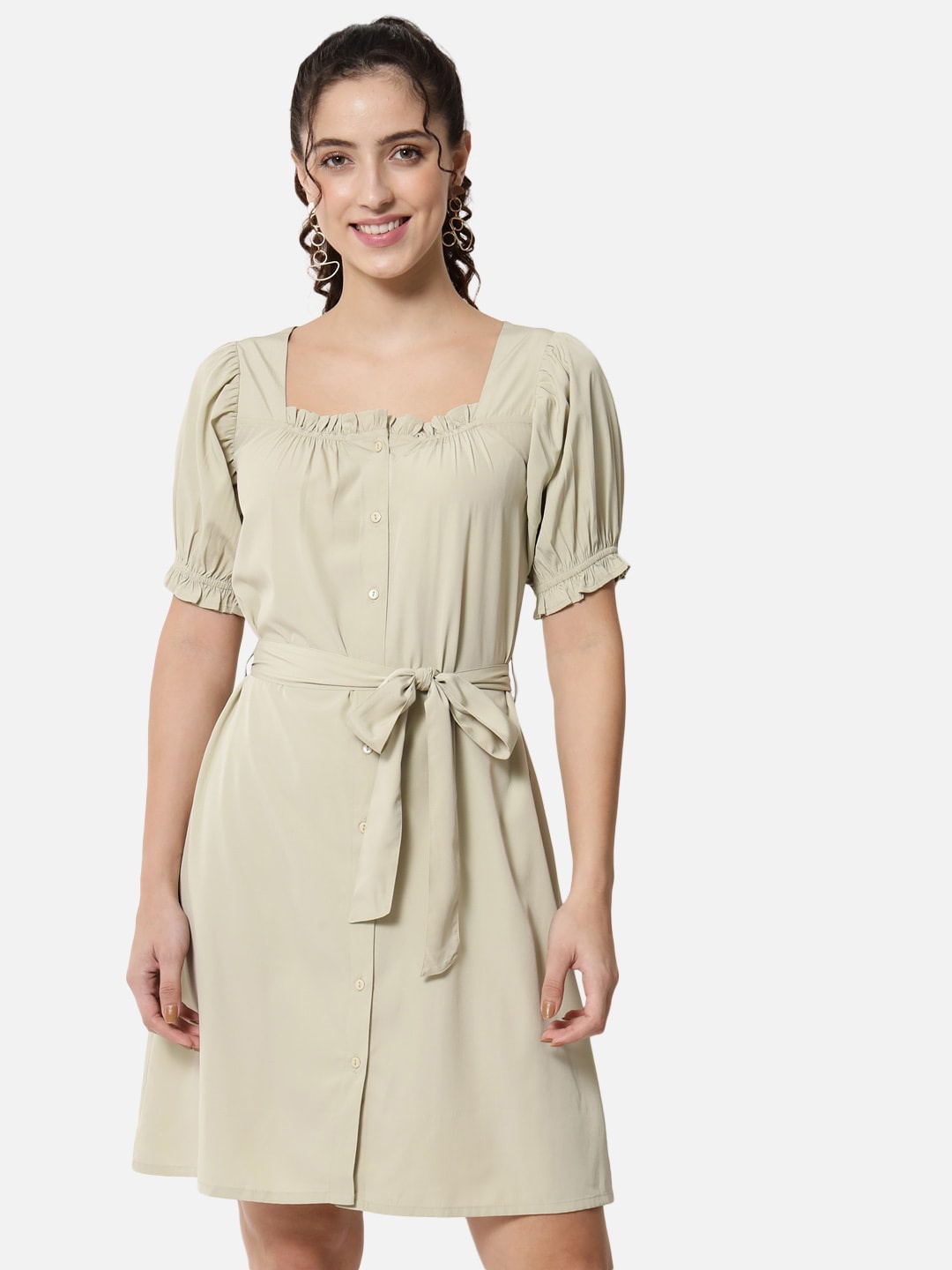 

ALL WAYS YOU Puff Sleeves A-Line Dress With Belt, Beige