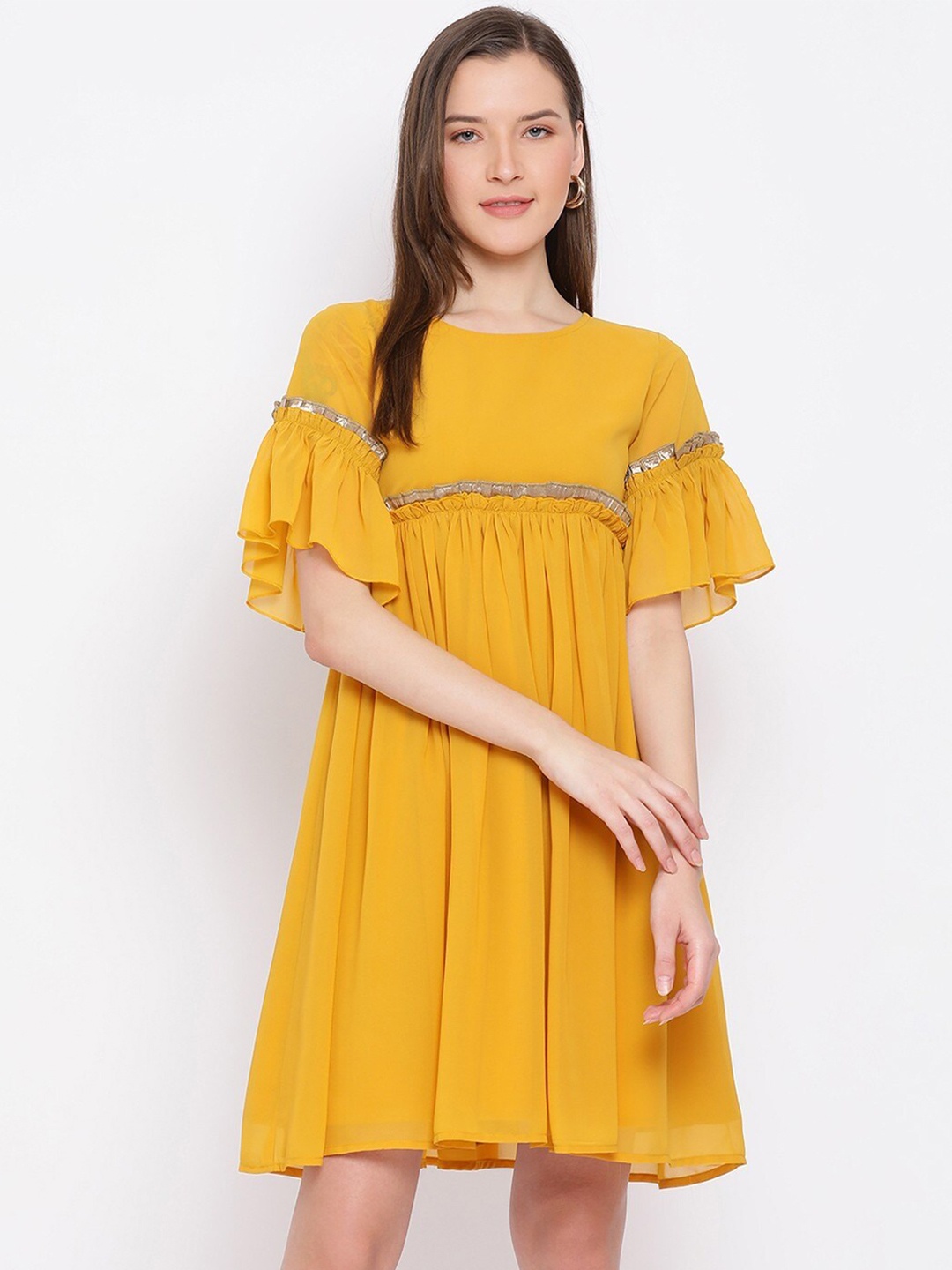 

ALL WAYS YOU Bell Sleeve Georgette Empire Dress, Yellow