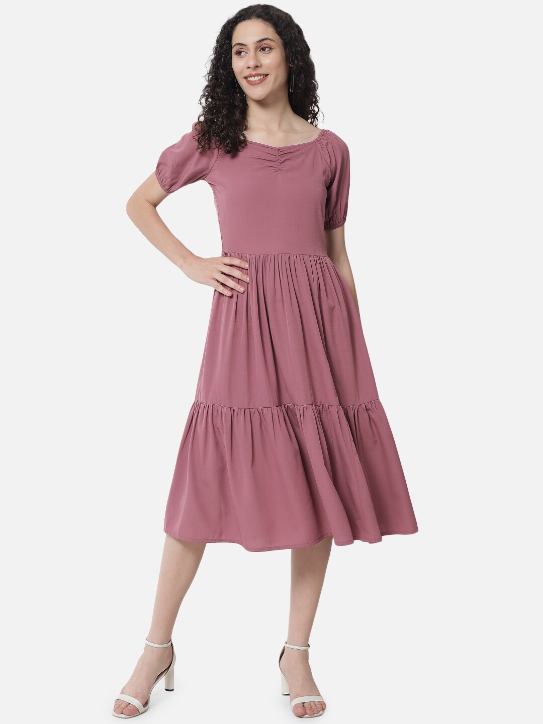 

ALL WAYS YOU Puff Sleeve Crepe Fit & Flare Midi Dress, Pink