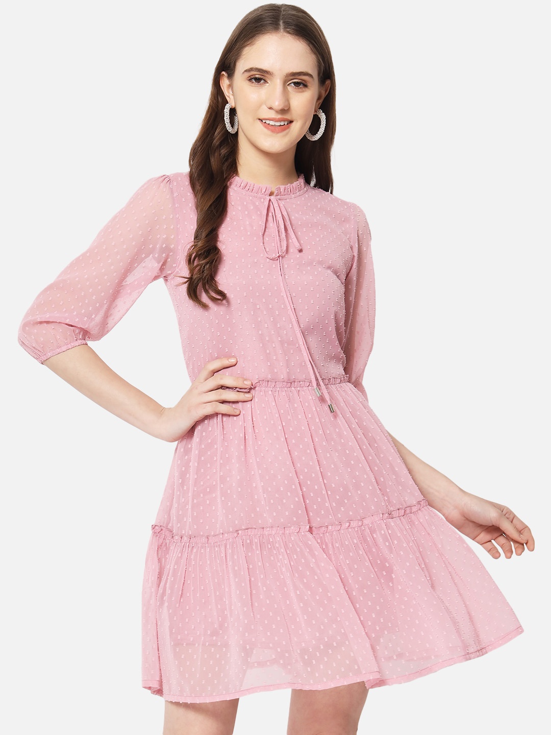 

ALL WAYS YOU Self Design Tie-Up Tiered Neck Fit & Flare Dress, Pink