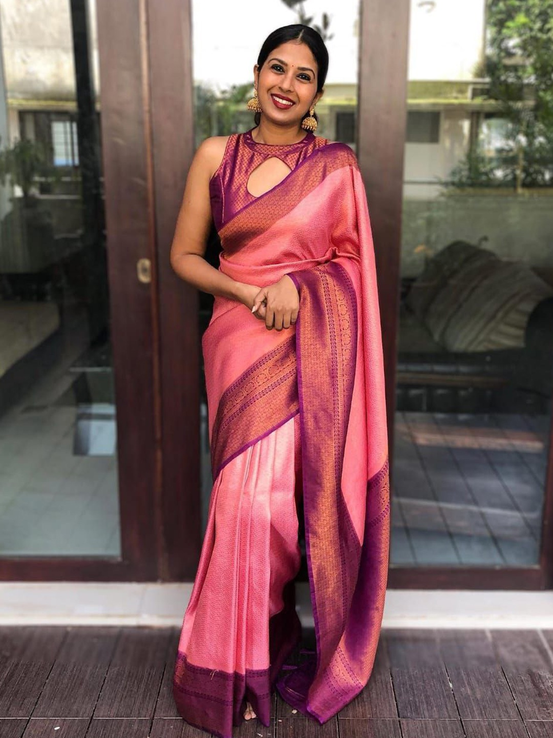 

TEREZA Ethnic Motif Woven Design Zari Kanjeevaram Saree, Pink