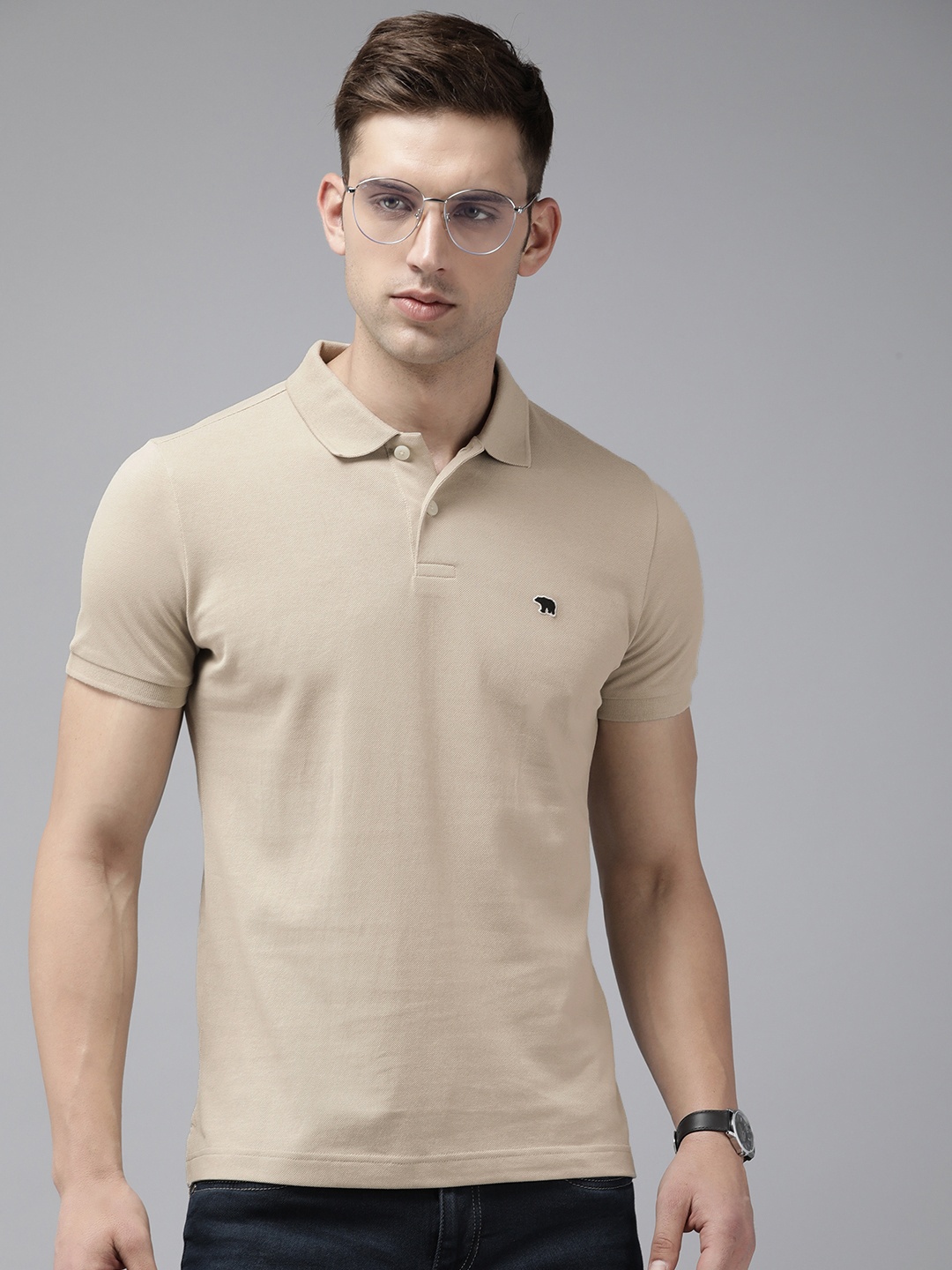 

THE BEAR HOUSE Pure Cotton Polo Collar Applique Slim Fit T-shirt, Beige