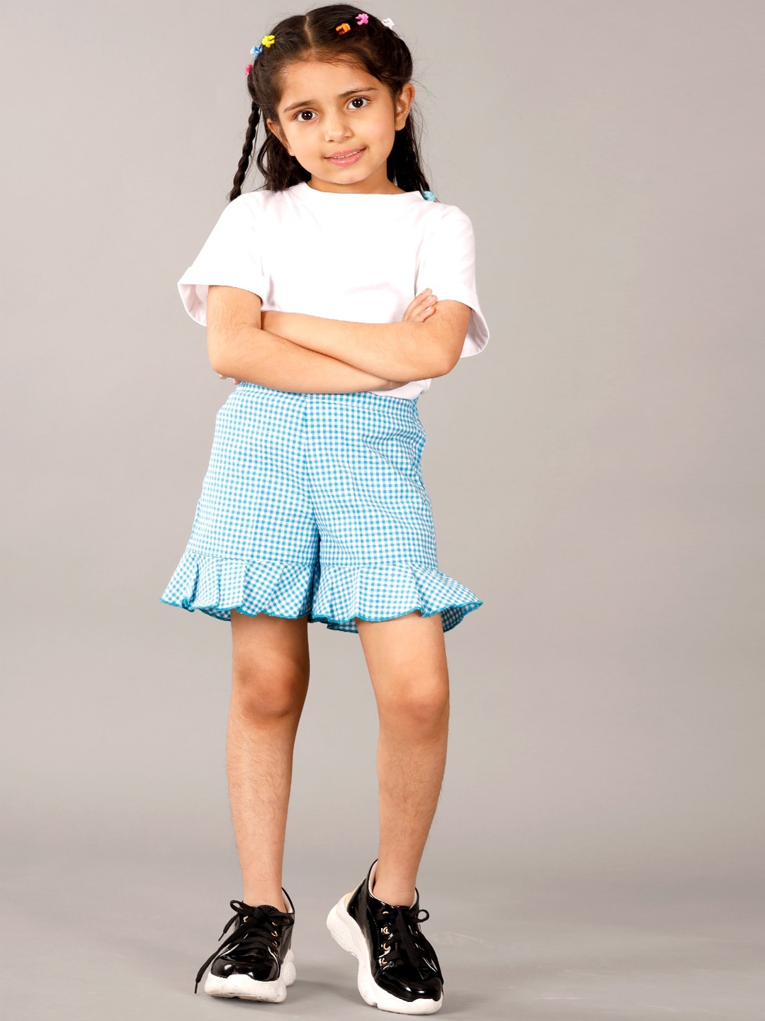

Beyabella Girls Checked Ruffle Wide Pure Cotton Shorts, Blue