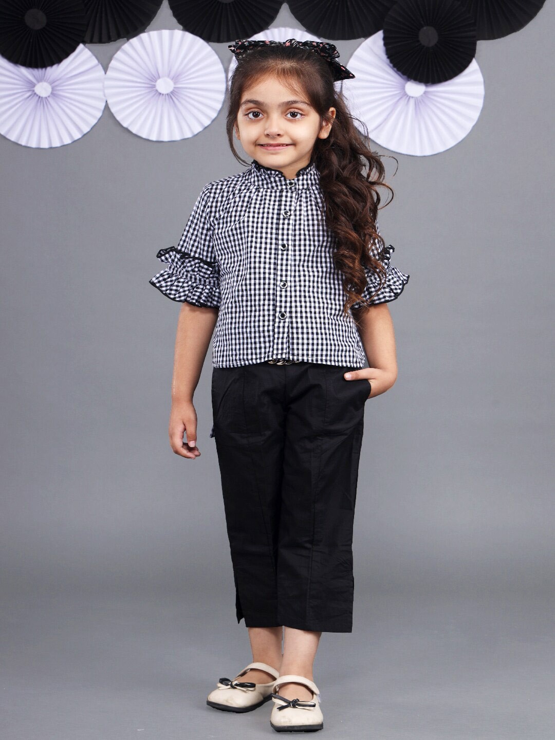 

Beyabella Girls Checked Pure Cotton Shirt With Trousers, Black