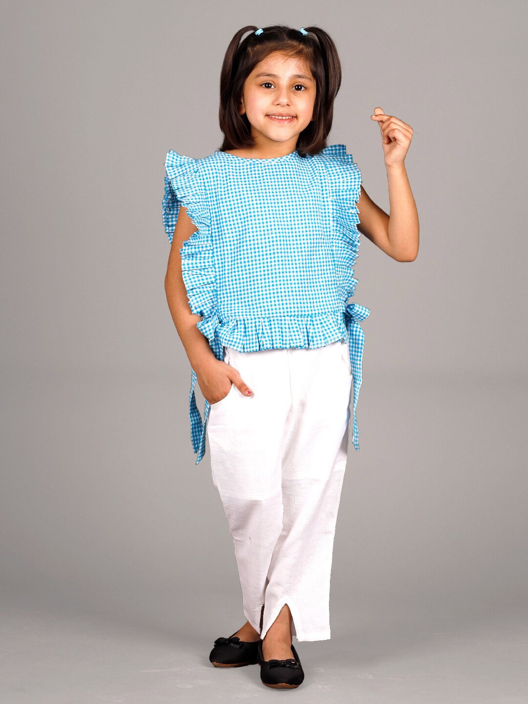 

Beyabella Girls Checked Pure Cotton Shirt With Trousers, Blue