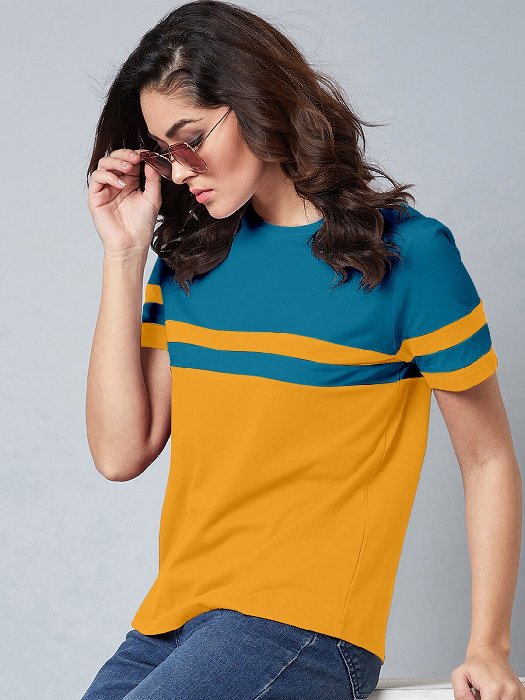 

AUSK Colourblocked Round Neck Short Sleeves Cotton T-shirt, Mustard