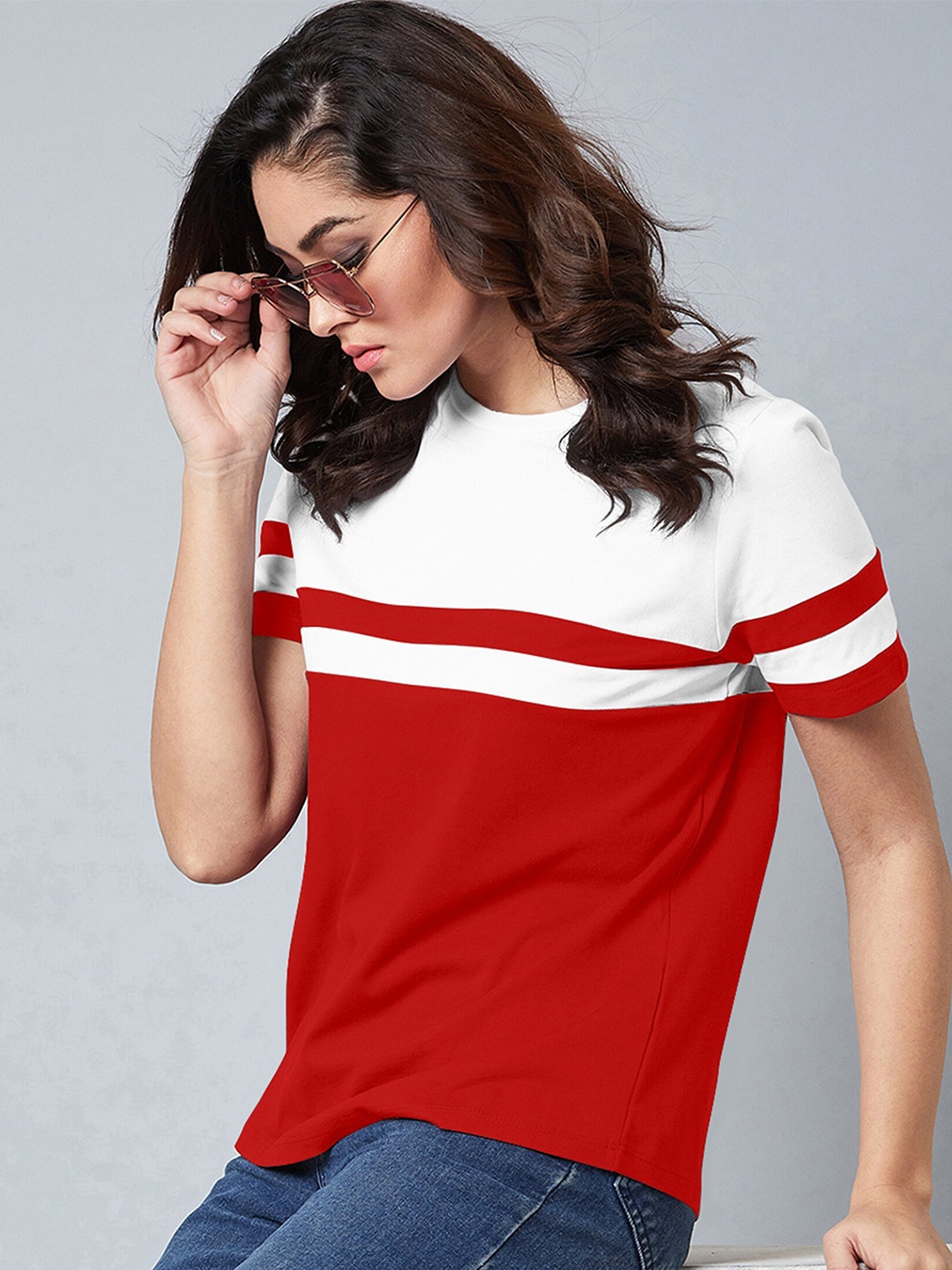 

AUSK Colourblocked Round Neck Short Sleeves Cotton T-shirt, Red