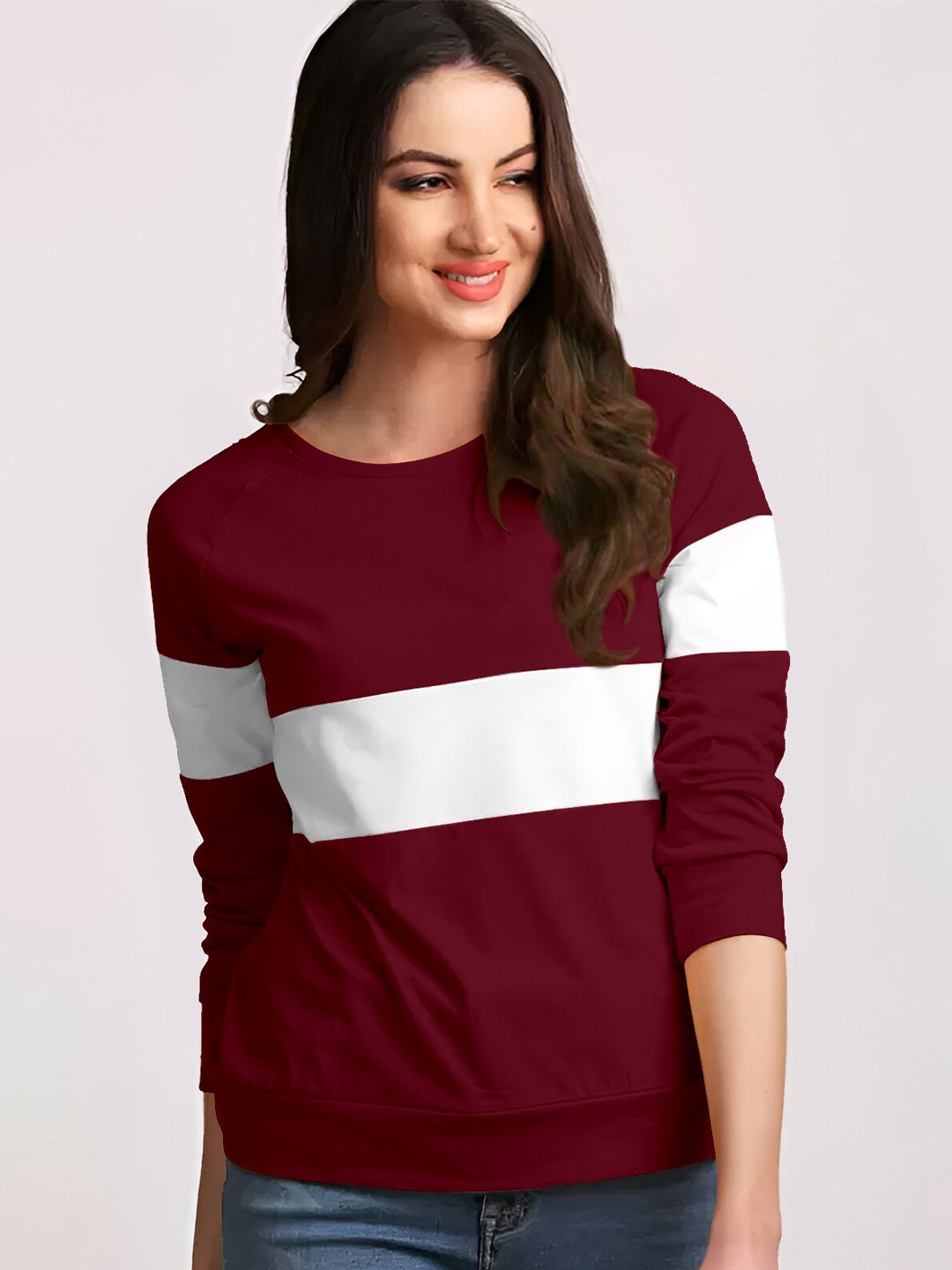 

AUSK Colourblocked Round Neck Long Sleeves Cotton T-shirt, Maroon