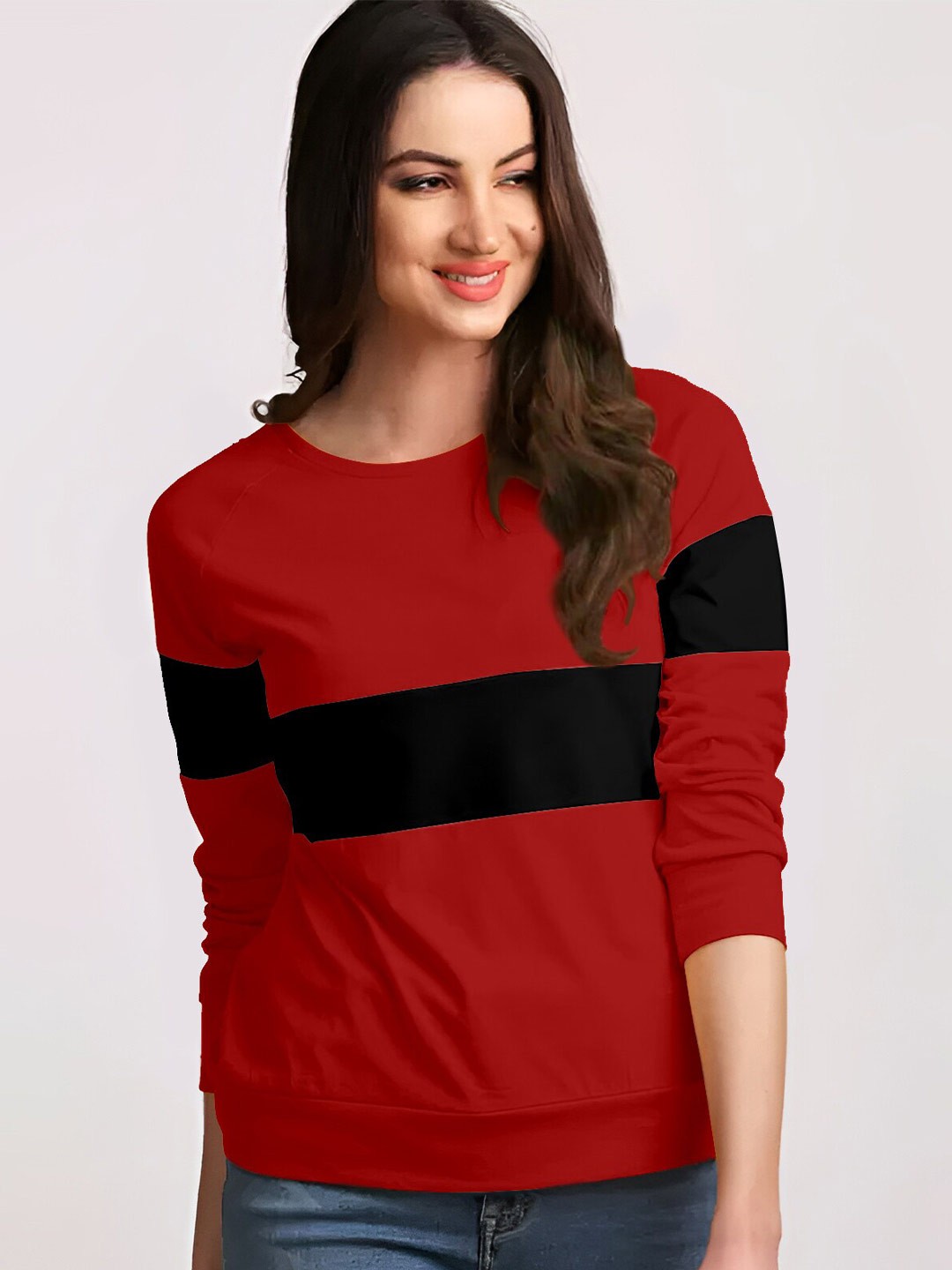 

AUSK Colourblocked Round Neck Long Sleeves Cotton T-shirt, Red