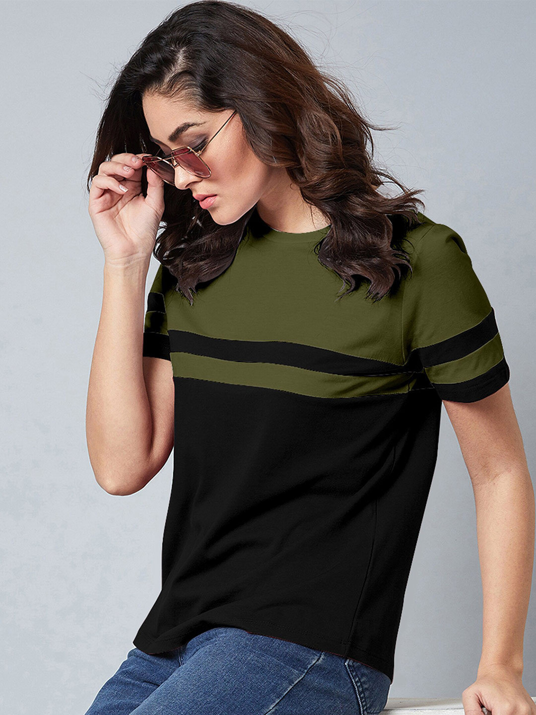 

AUSK Colourblocked Round Neck Short Sleeves Cotton T-shirt, Green