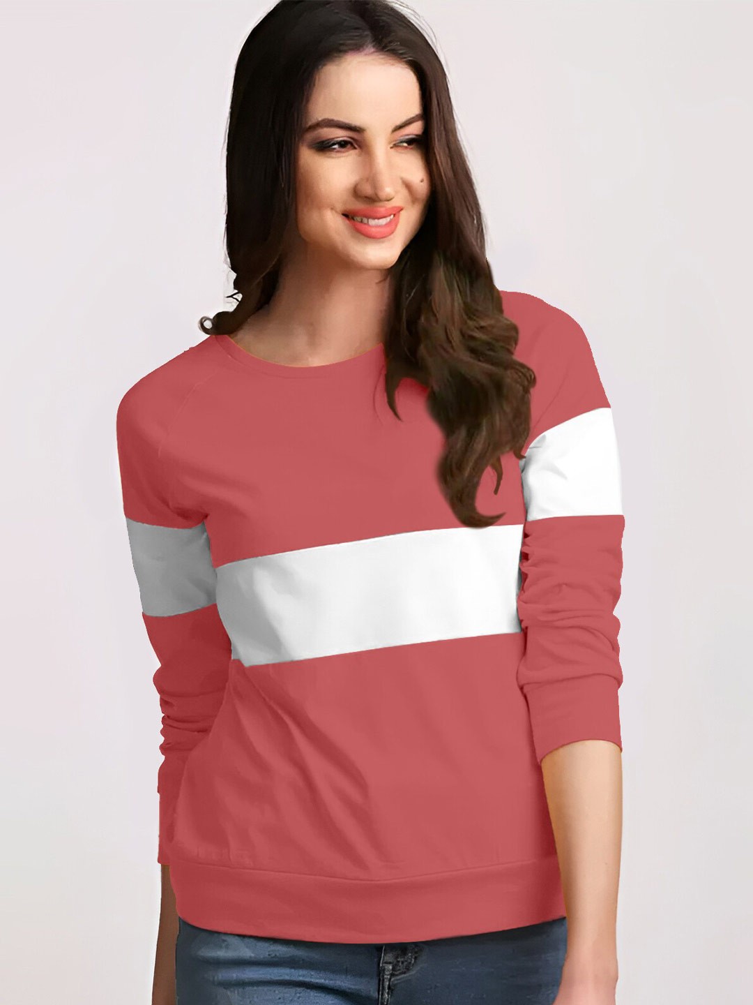 

AUSK Colourblocked Round Neck Long Sleeves Cotton T-shirt, Peach