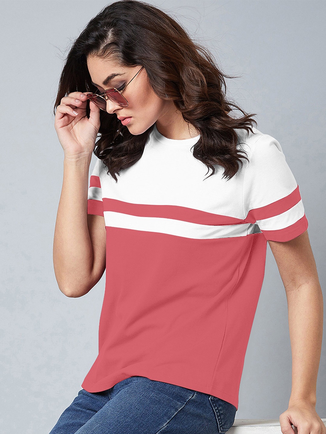

AUSK Colourblocked Round Neck Short Sleeves Cotton T-shirt, Peach