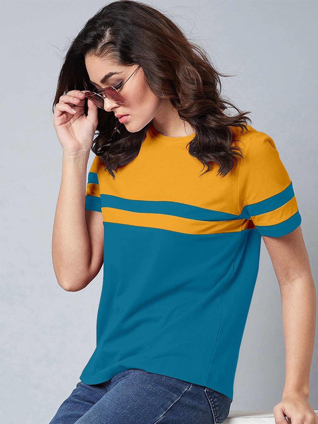 

AUSK Colourblocked Round Neck Short Sleeves Cotton T-shirt, Mustard