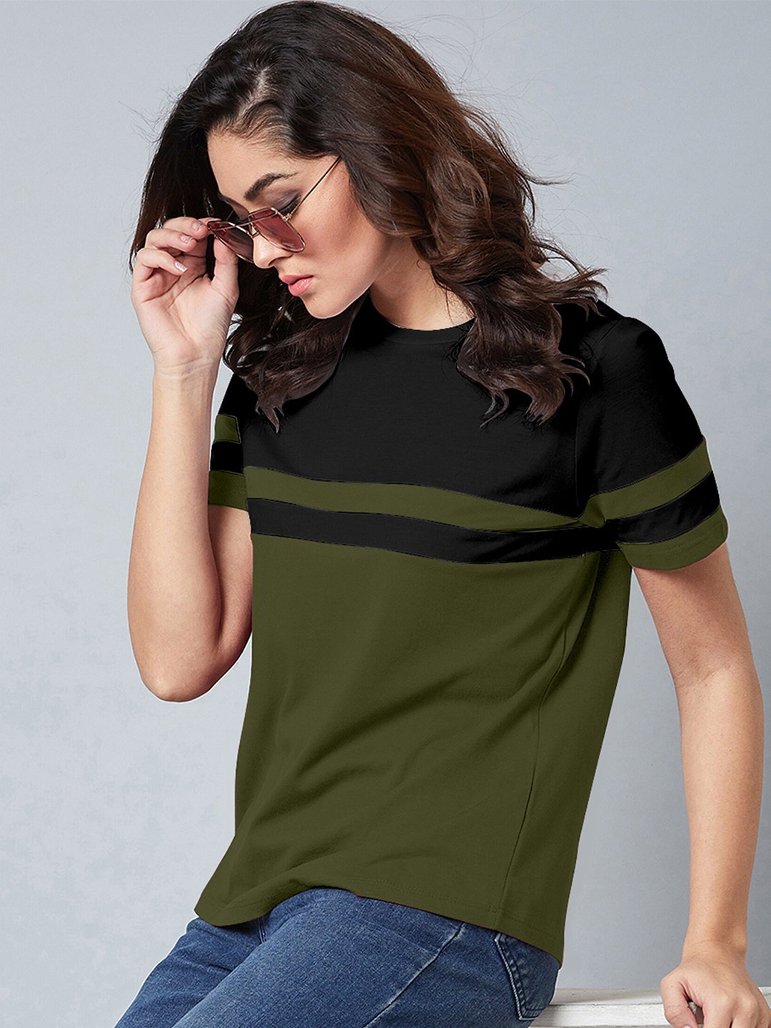 

AUSK Colourblocked Round Neck Short Sleeves Cotton T-shirt, Green