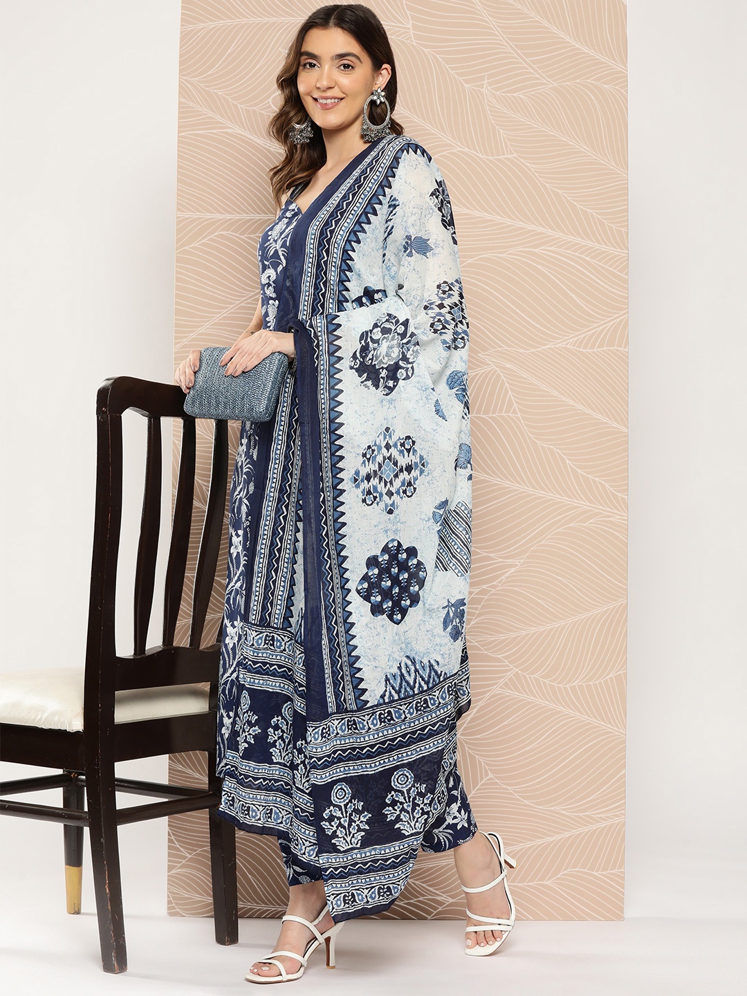 

Nayo Women Floral Printed Gotta Patti Pure Cotton Kurta with Trousers & With Dupatta, Blue