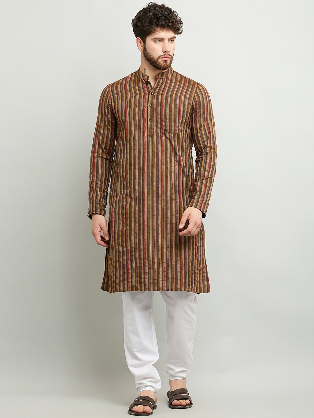 

Waahiba Striped Mandarin Collar Pure Cotton Kurta, Rust