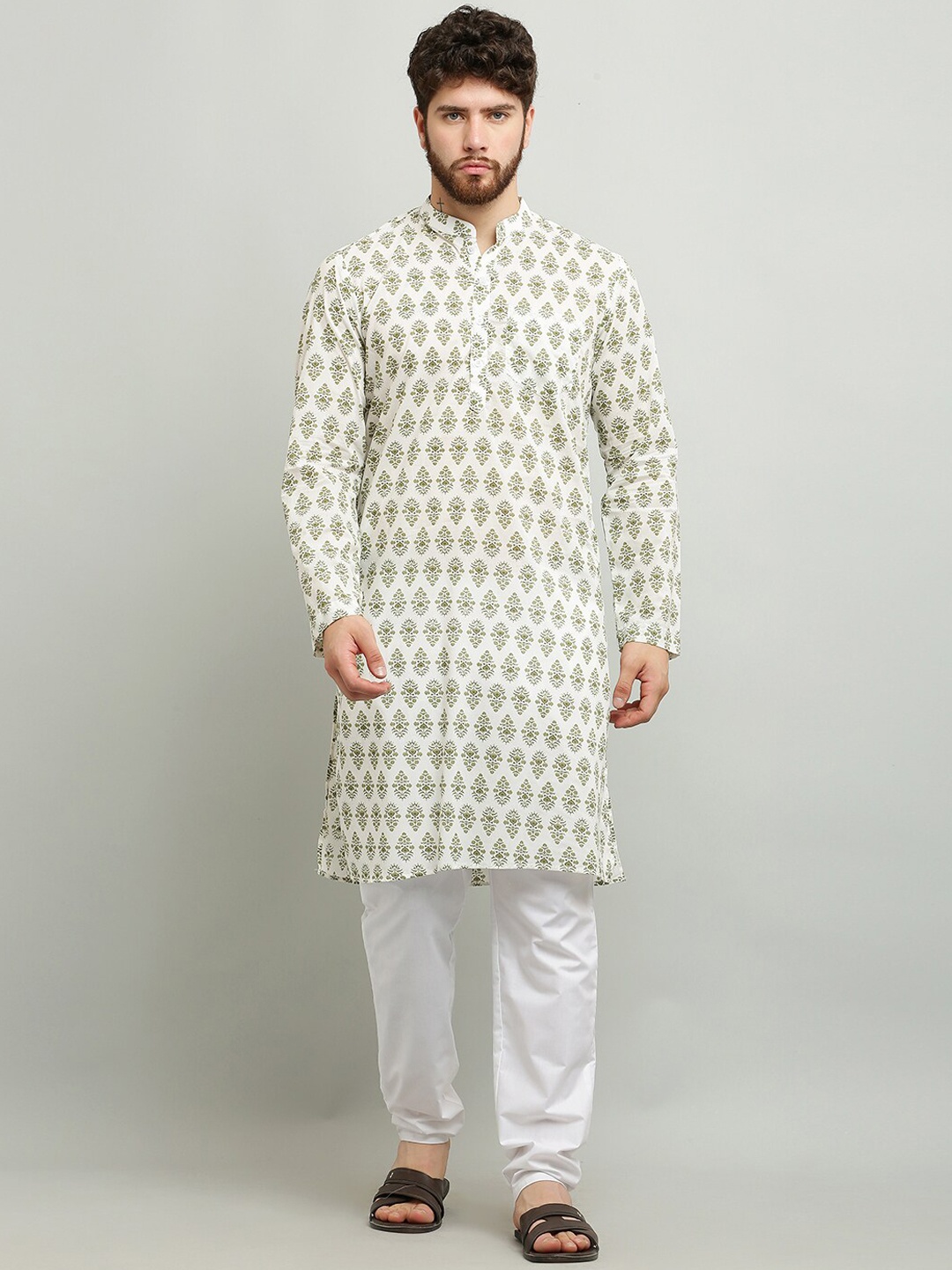 

Waahiba Floral Printed Mandarin Collar Pure Cotton Kurta, White