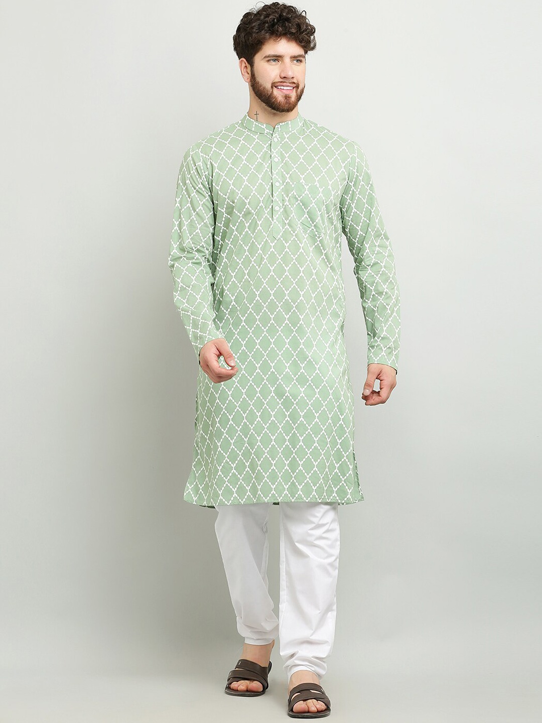 

Waahiba Ethnic Motifs Printed Mandarin Collar Pure Cotton Kurta, Green