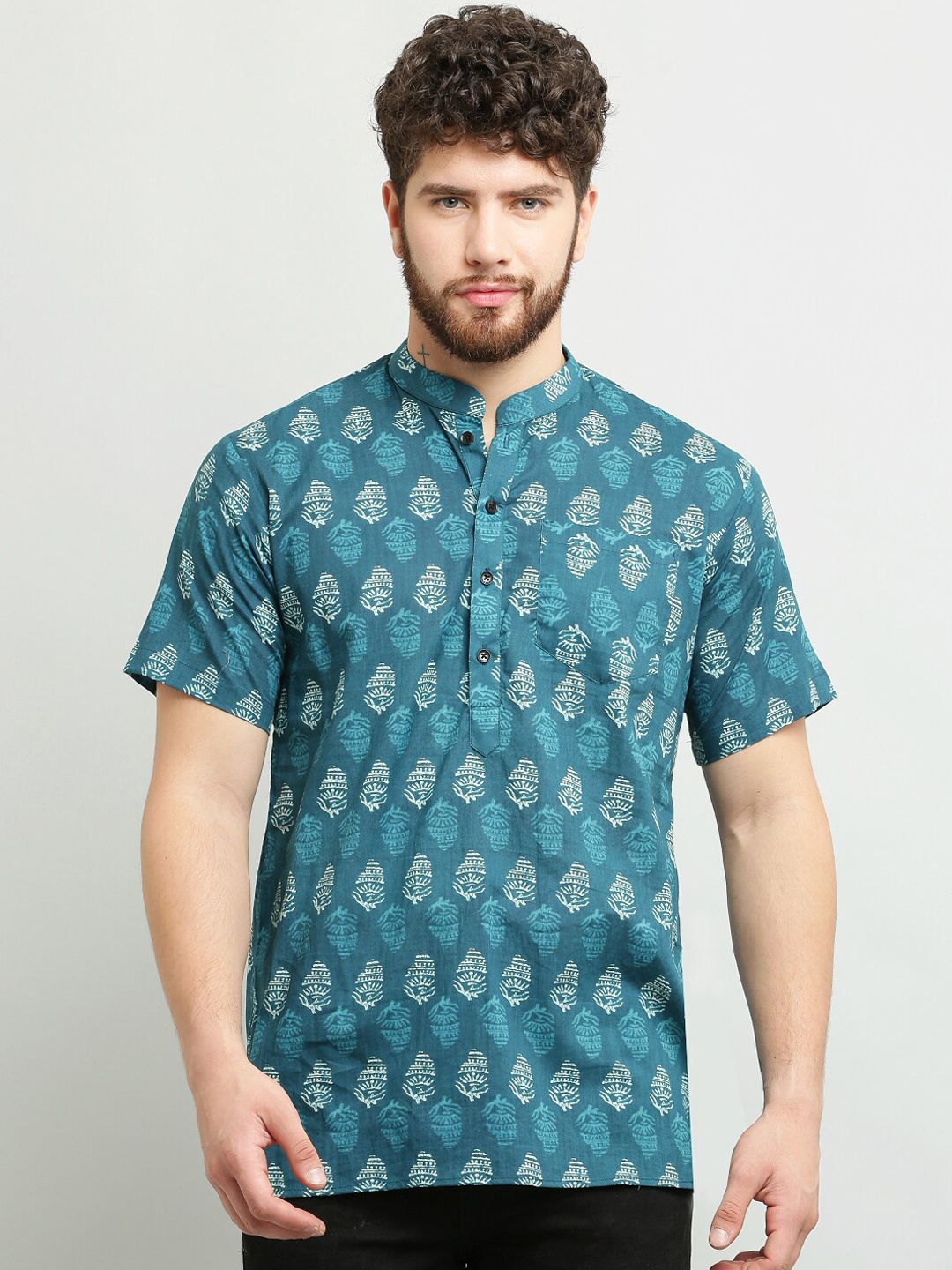 

Waahiba Ethnic Motifs Printed Mandarin Collar Pure Cotton Kurta, Teal
